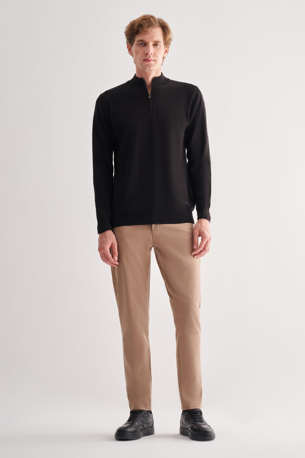 Siyah Fermuarlı Dik Yaka Uzun Kol Cepsiz Comfort Fit Classic Pamuklu Triko Kazak 1012255201