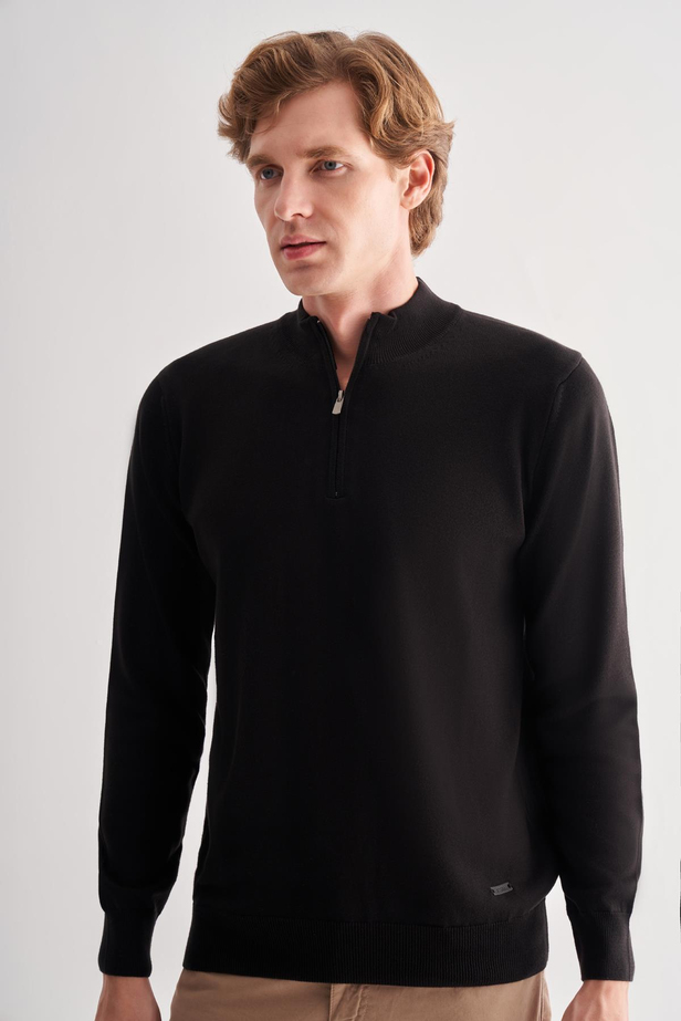 Siyah Fermuarlı Dik Yaka Uzun Kol Cepsiz Comfort Fit Classic Pamuklu Triko Kazak 1012255201