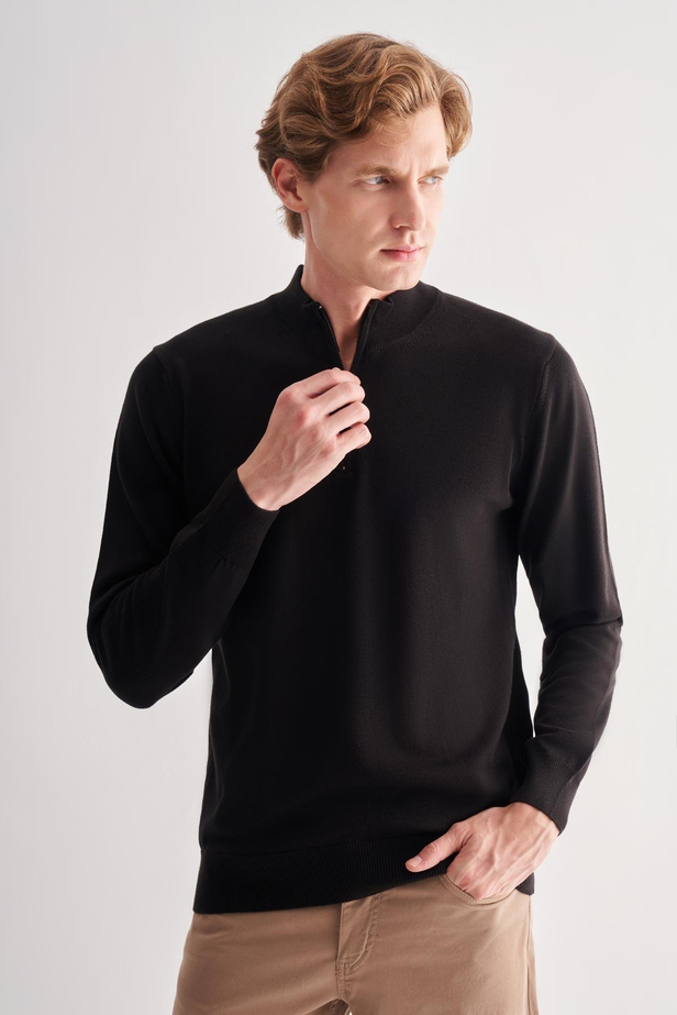 Siyah Fermuarlı Dik Yaka Uzun Kol Cepsiz Comfort Fit Classic Pamuklu Triko Kazak 1012255201