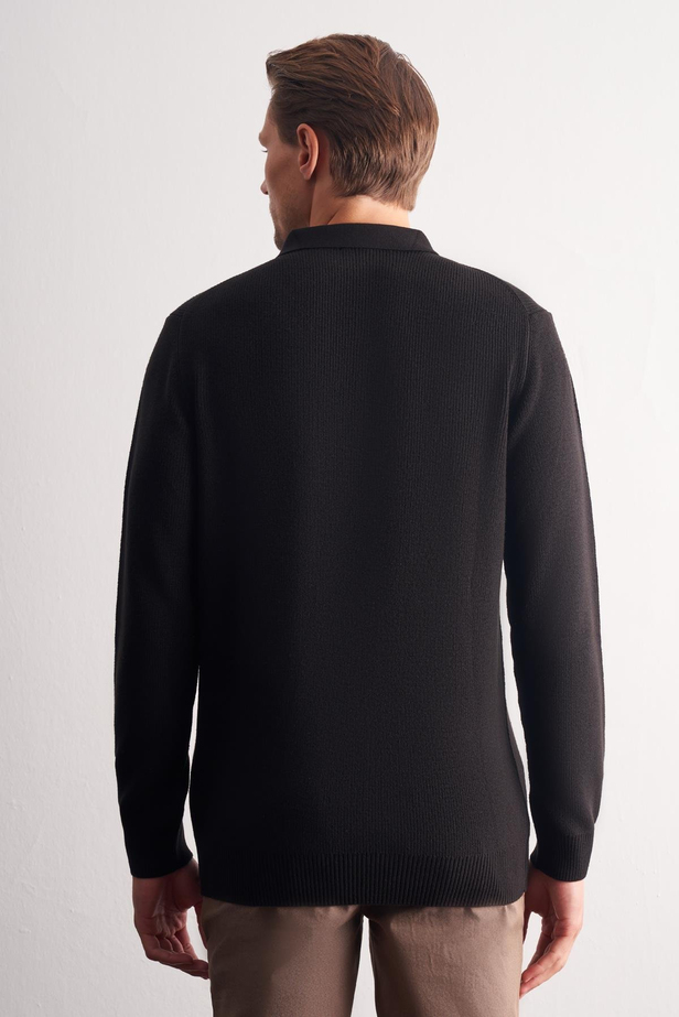 Siyah Fermuarlı Polo Yaka Uzun Kol Cepsiz Comfort Fit Casual Pamuklu Triko Kazak 1012255202