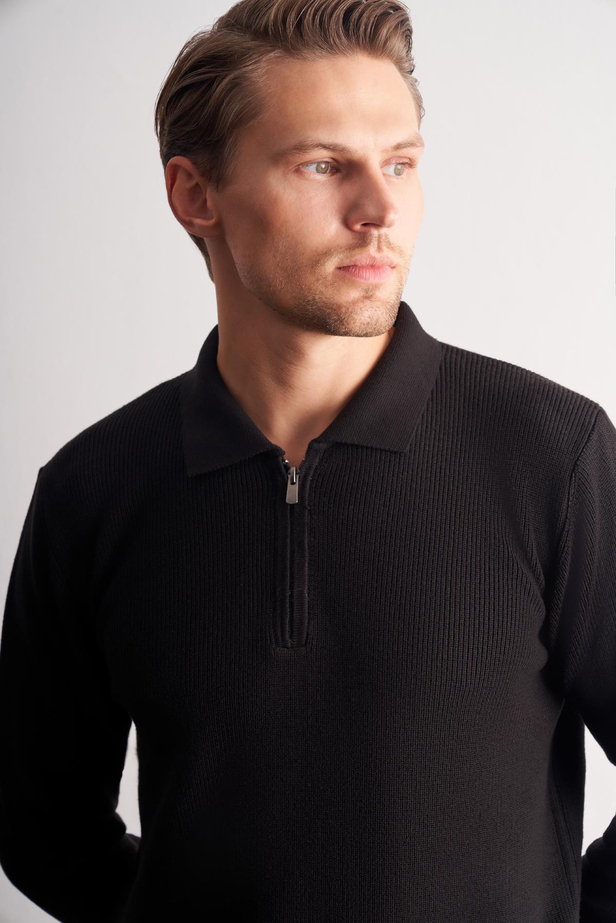 Siyah Fermuarlı Polo Yaka Uzun Kol Cepsiz Comfort Fit Casual Pamuklu Triko Kazak 1012255202