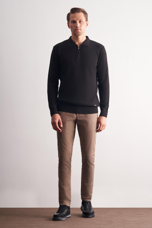 Siyah Fermuarlı Polo Yaka Uzun Kol Cepsiz Comfort Fit Casual Pamuklu Triko Kazak 1012255202