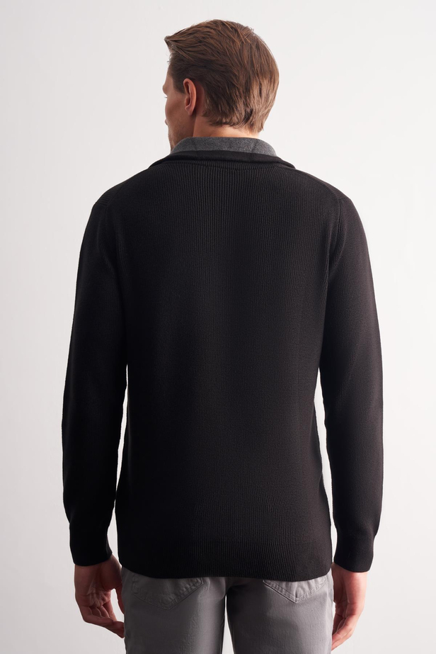 Siyah Fermuarlı Yarım Balıkçı Uzun Kol Cepsiz Comfort Fit Casual Pamuklu Triko Kazak 1012255204