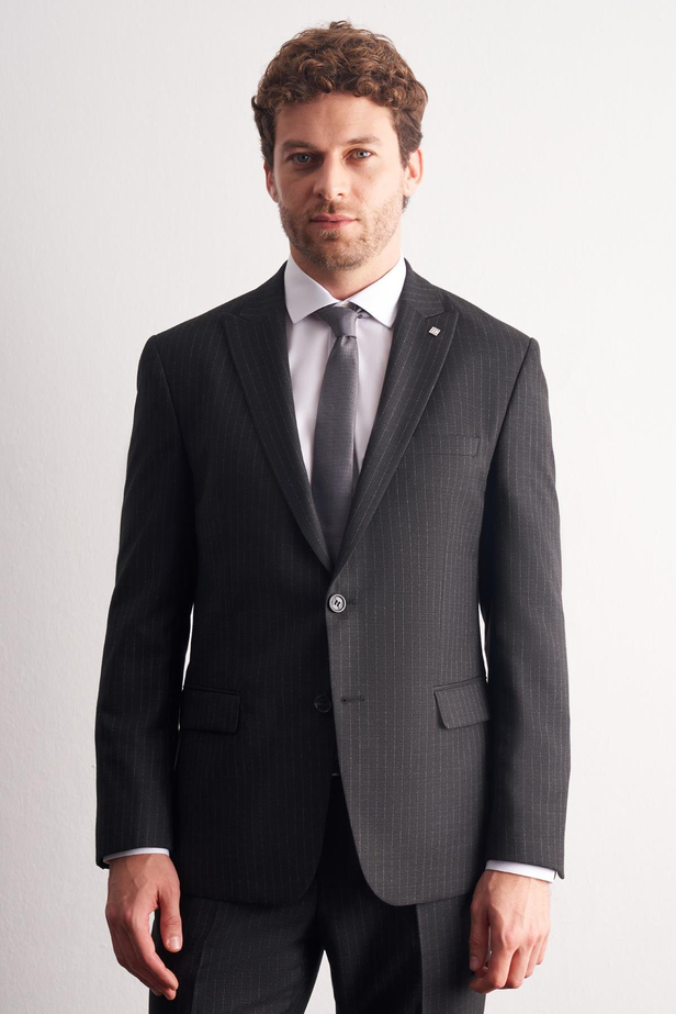 Siyah - Gri Kırlangıç Yaka Çizgili Desen Esnek 6 Drop Slim Fit Classic Takım Elbise 1001255161
