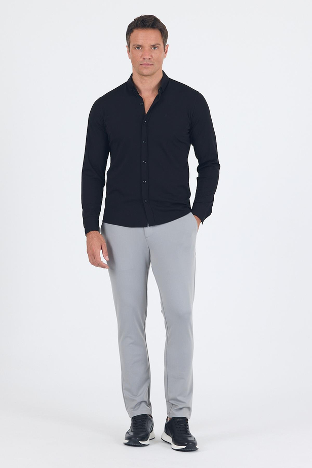 Siyah İtalyan Düğmeli Yaka UzunKol Cepsiz Slim Fit Gömlek 1004250254