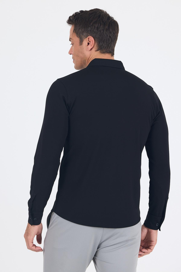 Siyah İtalyan Düğmeli Yaka UzunKol Cepsiz Slim Fit Gömlek 1004250254