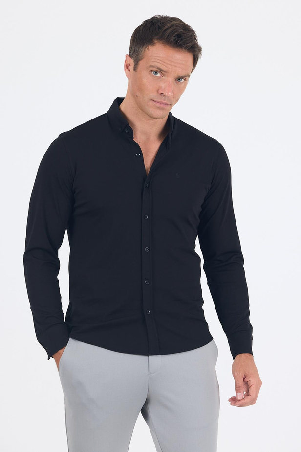 Siyah İtalyan Düğmeli Yaka UzunKol Cepsiz Slim Fit Gömlek 1004250254