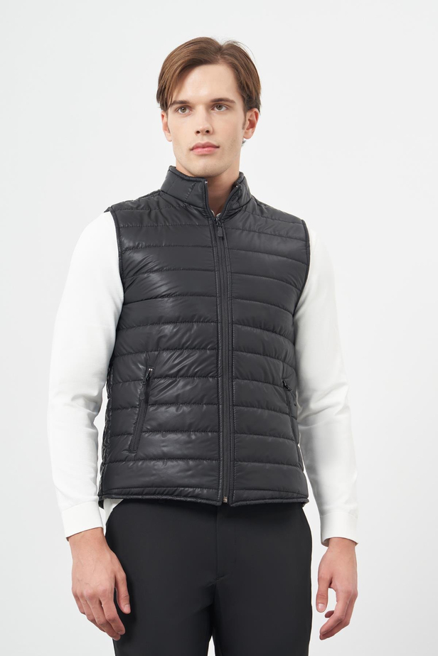 Siyah Kapitone Dik Yaka Düz Garnisiz-Biyesiz Slim Fit Yelek 1009245151