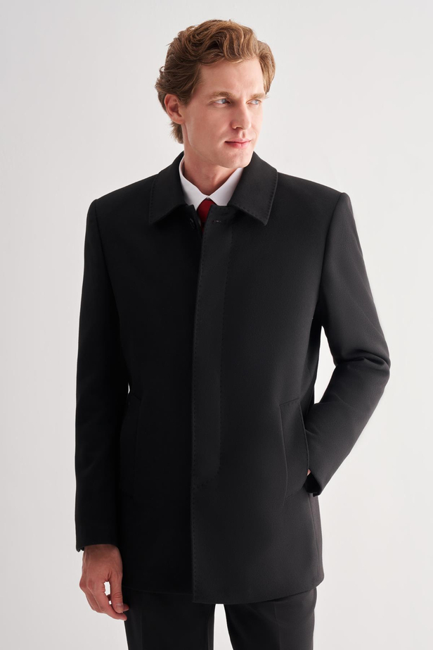 Siyah Kaşe Bebe Yaka Kapitoneli Astar Comfort Fit Rahat Kesim Klasik Kaban 1008245161