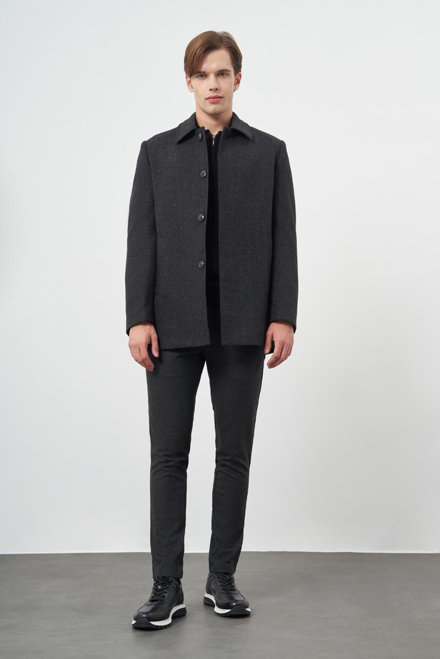 Siyah Kaşe Bebe Yaka Kendinden Desenli Yırtmaçsız Sırt Kapitoneli Astar Comfort Fit Classic Kaban 1008245155