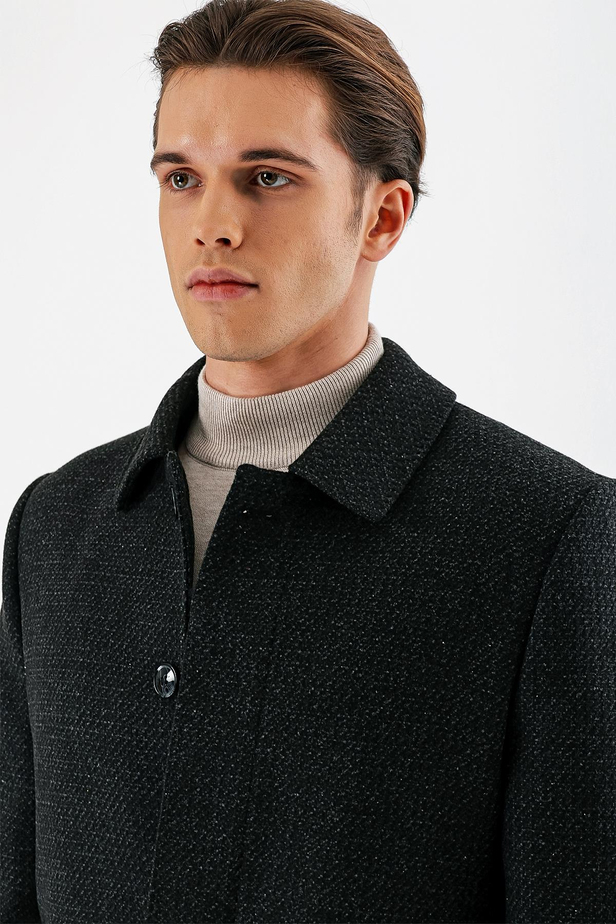 Siyah Kaşe Berberi Yaka Yünlü Kapitoneli Astar Büyük Beden Comfort Fit Rahat Kesim Klasik Kaban 1008235170