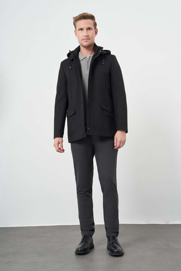 Siyah Kaşe Dik Yaka Astarlı Slim Fit Dar Kesim Klasik Kaban 1008245272