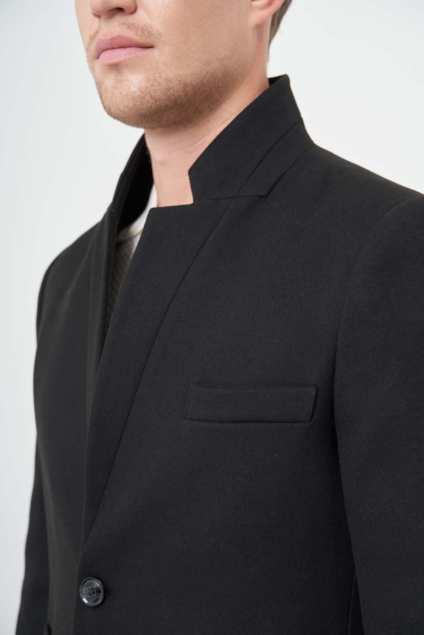 Siyah Kaşe Dik Yaka Kapitoneli Astar Slim Fit Dar Kesim Klasik Kaban 1008245171