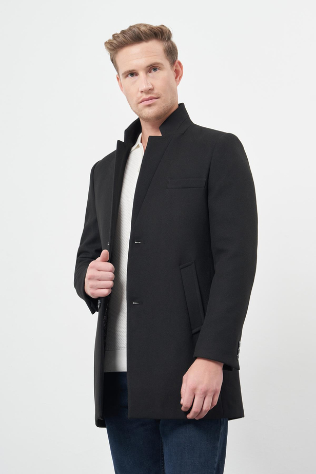 Siyah Kaşe Dik Yaka Kapitoneli Astar Slim Fit Dar Kesim Klasik Kaban 1008245171