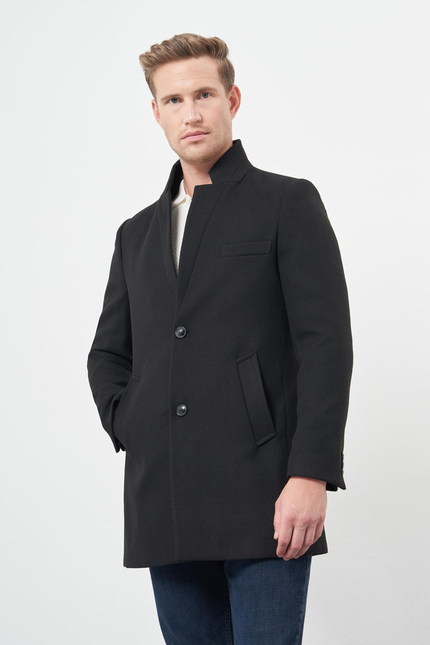 Siyah Kaşe Dik Yaka Kapitoneli Astar Slim Fit Dar Kesim Klasik Kaban 1008245171