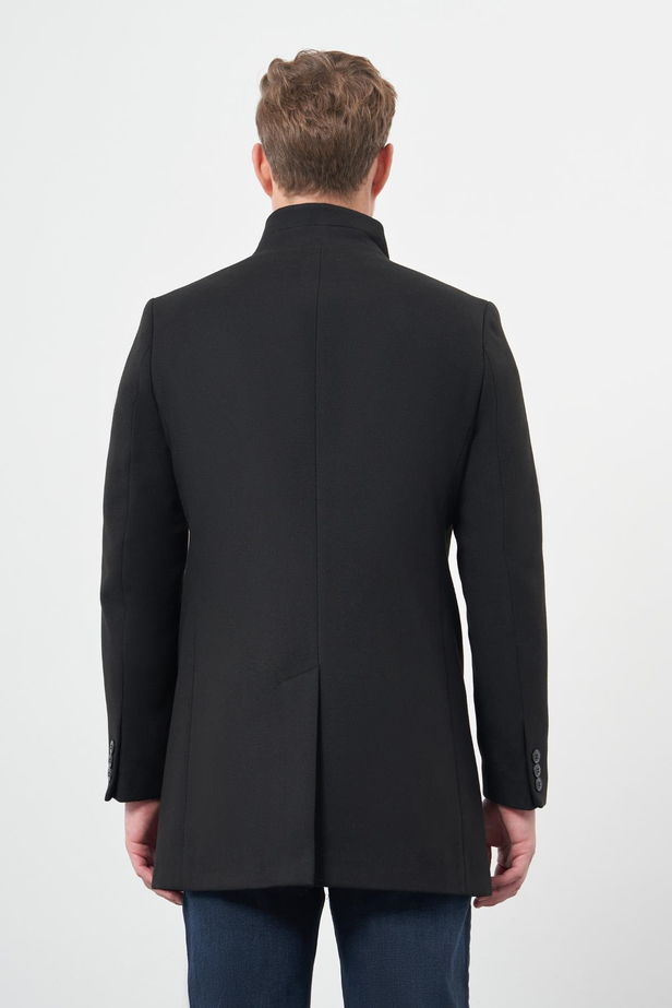 Siyah Kaşe Dik Yaka Kapitoneli Astar Slim Fit Dar Kesim Klasik Kaban 1008245171
