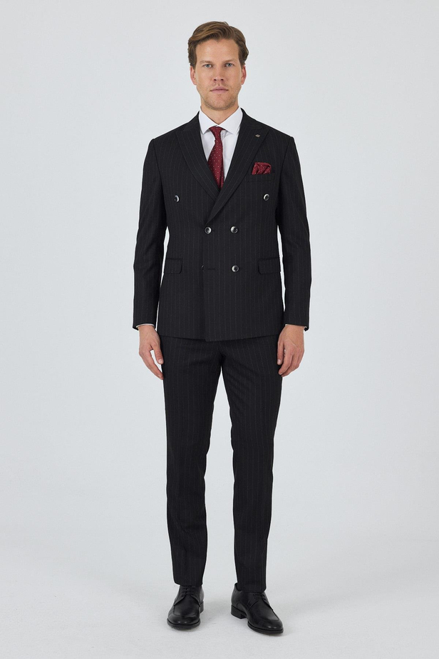 Siyah Kılıç Yaka Çizgili Desen Kruvaze Classic Esnek Slim Fit Takım Elbise 1001250173