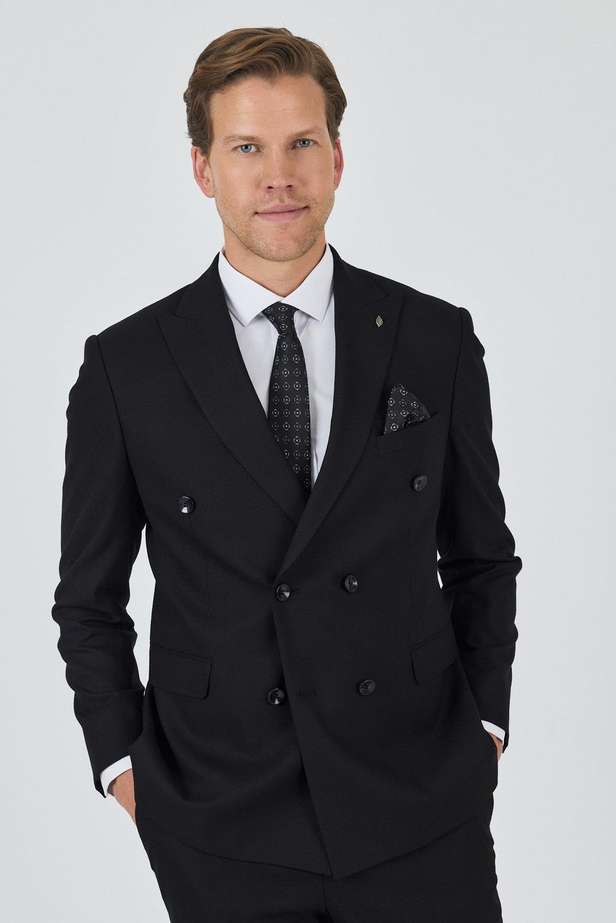 Siyah Kılıç Yaka Düz Kruvaze Classic Esnek Slim Fit Takım Elbise 1001250172