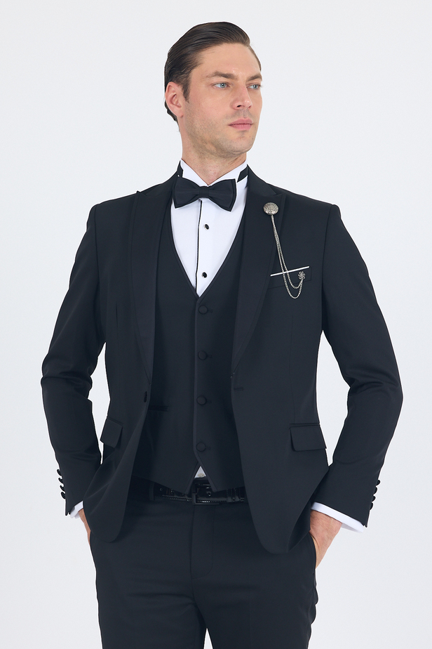 Siyah Kılıç Yaka Tek Düğme Slim Fit Yelekli Ceremony Takım Elbise 1001250200
