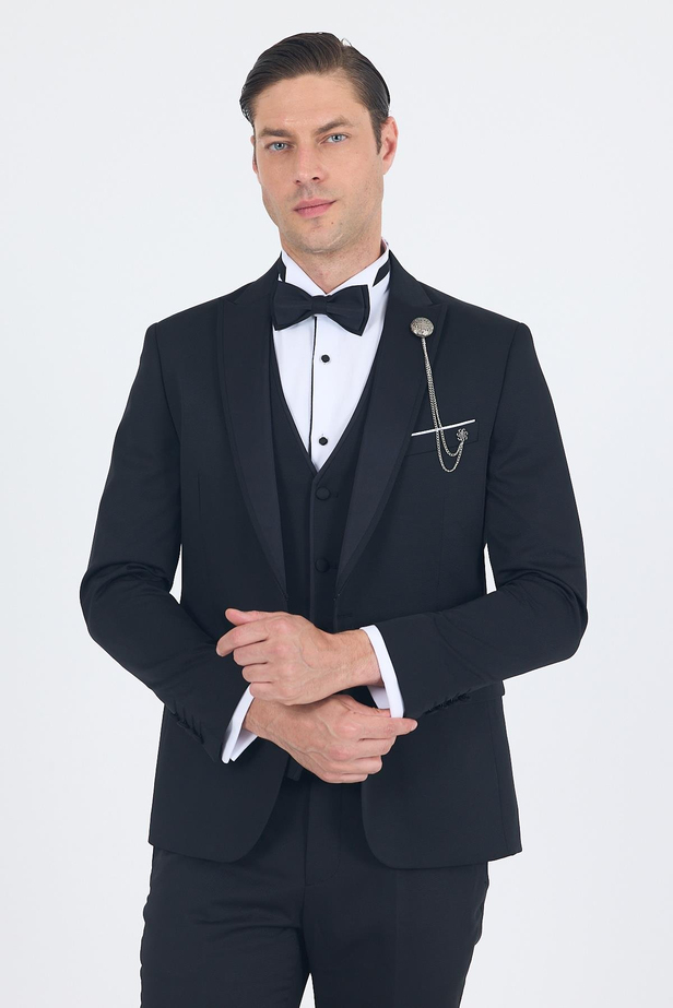 Siyah Kılıç Yaka Tek Düğme Slim Fit Yelekli Ceremony Takım Elbise 1001250200