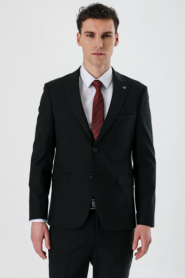 Siyah Kırlangıç Yaka Yünlü Likralı 6 Drop Slim Fit Dar Kesim Klasik Takım Elbise 1001240158