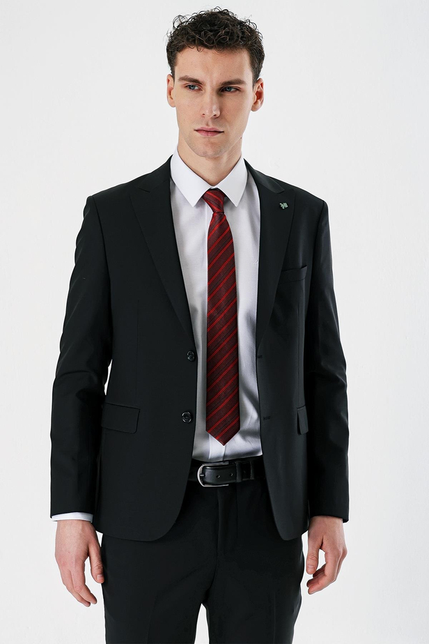 Siyah Kırlangıç Yaka Yünlü Likralı 6 Drop Slim Fit Dar Kesim Klasik Takım Elbise 1001240158