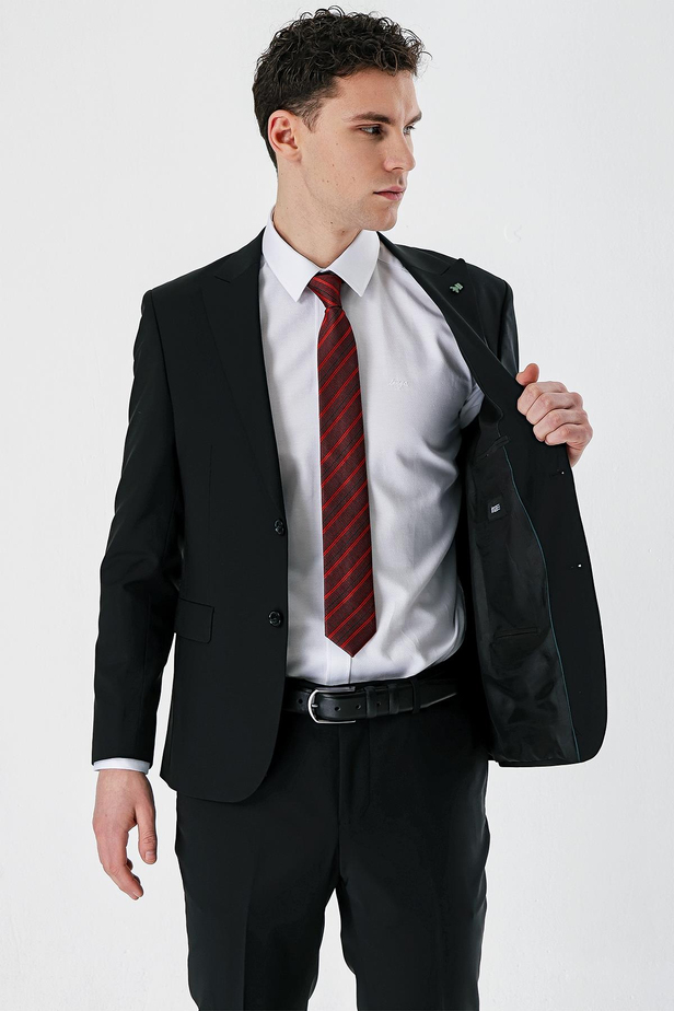 Siyah Kırlangıç Yaka Yünlü Likralı 6 Drop Slim Fit Dar Kesim Klasik Takım Elbise 1001240158