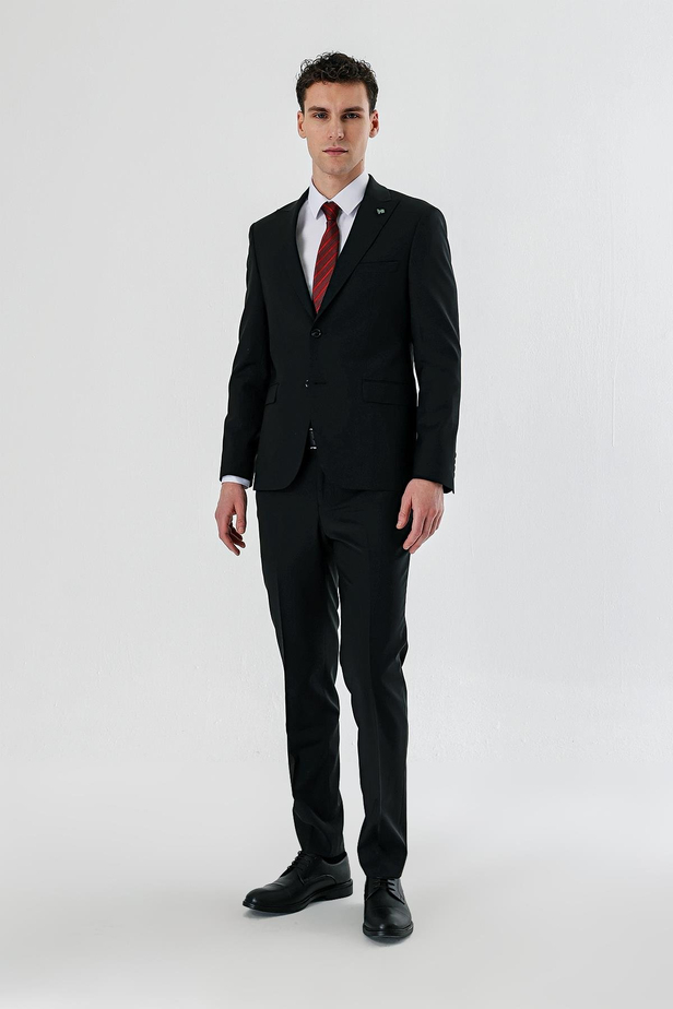 Siyah Kırlangıç Yaka Yünlü Likralı 6 Drop Slim Fit Dar Kesim Klasik Takım Elbise 1001240158