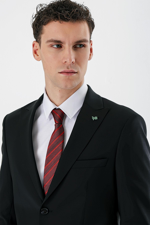 Siyah Kırlangıç Yaka Yünlü Likralı 6 Drop Slim Fit Dar Kesim Klasik Takım Elbise 1001240158