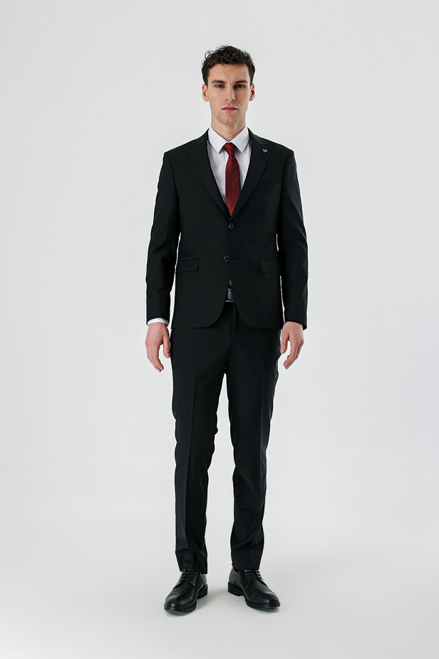 Siyah Kırlangıç Yaka Yünlü Likralı 6 Drop Slim Fit Dar Kesim Klasik Takım Elbise 1001240158