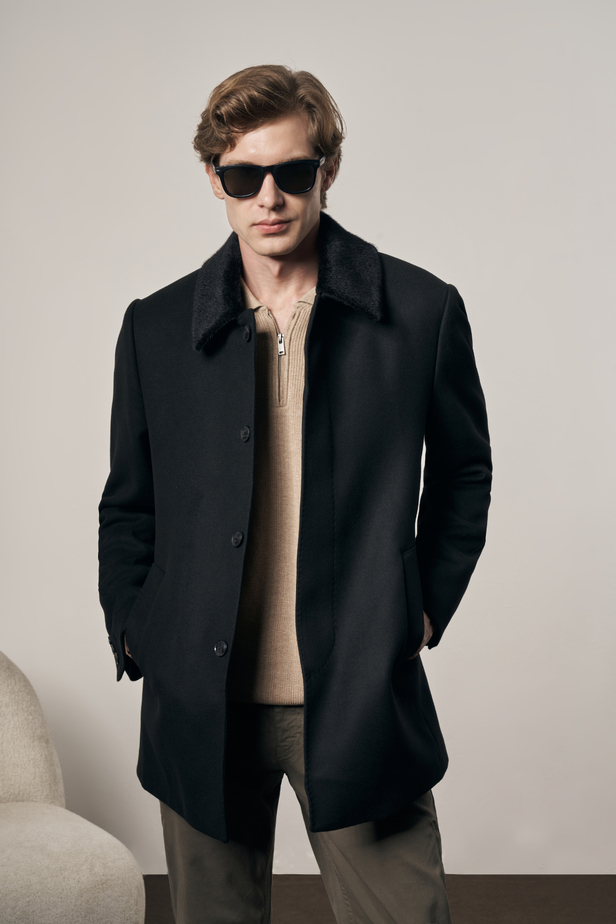 Siyah Kürklü Yaka Classic Comfort Fit Esnek Kaban 1008255163