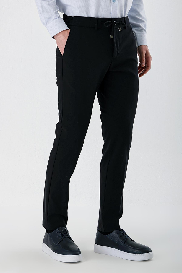 Siyah Likralı Yan Cepli Lastikli Slim Fit Dar Kesim Casual Pantolon 1003240155
