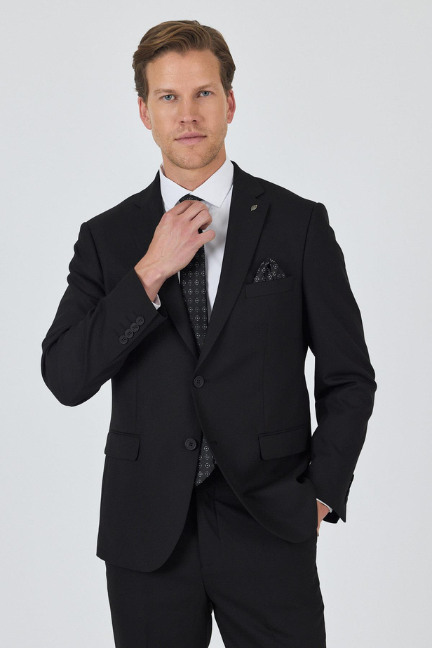 Siyah Mono Yaka Astarlı Çift Yırtmaç Esnek 6 Drop Comfort Fit Classic Takım Elbise 1001250163