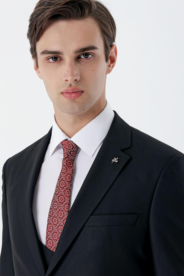 Siyah Mono Yaka Astarlı Çift Yırtmaç Yelekli 6 Drop Slim Fit Dar Kesim Basic Takım 1001230186