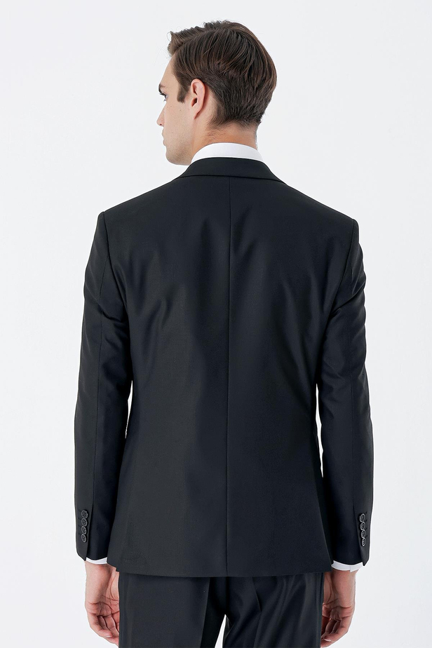 Siyah Mono Yaka Astarlı Çift Yırtmaç Yelekli 6 Drop Slim Fit Dar Kesim Basic Takım 1001230186