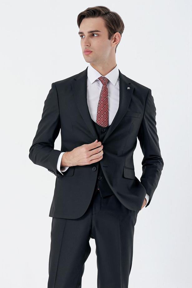 Siyah Mono Yaka Astarlı Çift Yırtmaç Yelekli 6 Drop Slim Fit Dar Kesim Basic Takım 1001230186