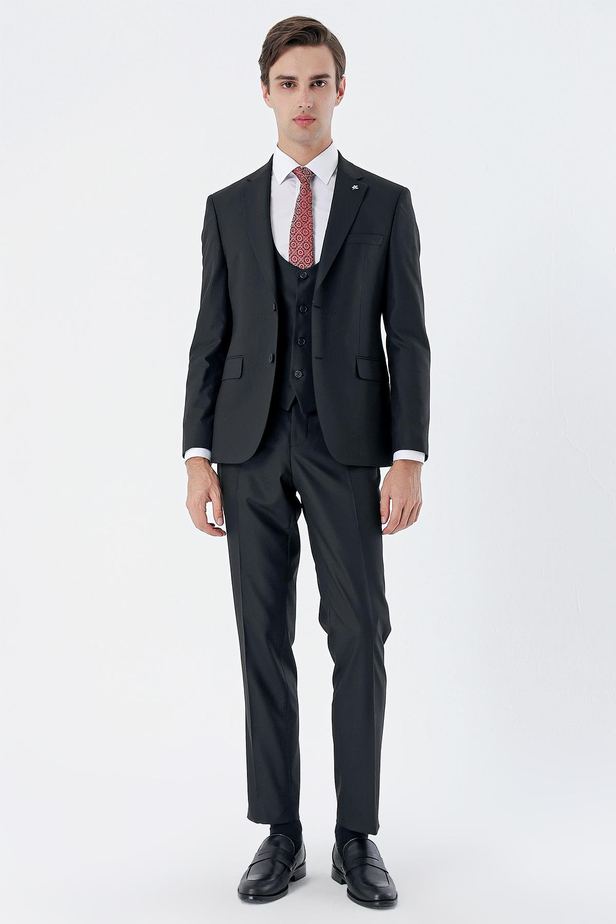 Siyah Mono Yaka Astarlı Çift Yırtmaç Yelekli 6 Drop Slim Fit Dar Kesim Basic Takım 1001230186