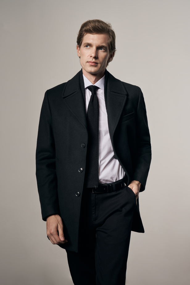 Siyah Mono Yaka Classic Comfort Fit Esnek Kaşe Kaban 1008255160