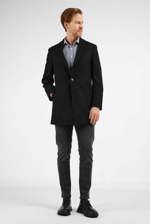 Siyah Mono Yaka Esnek Slim Fit Classic Kaşe Palto 1005255101