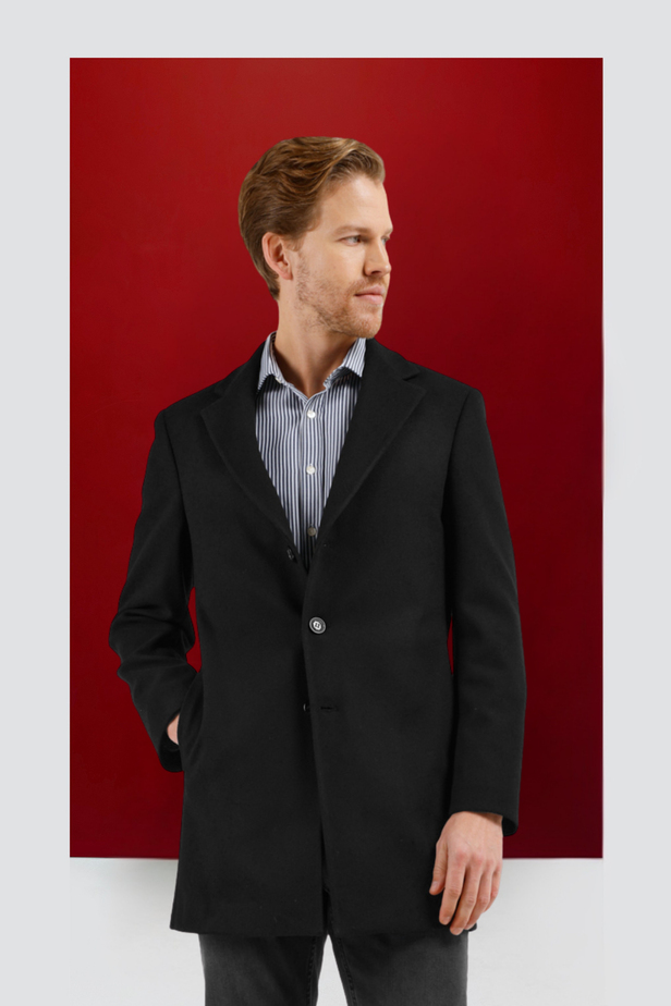 Siyah Mono Yaka Esnek Slim Fit Classic Kaşe Palto 1005255101