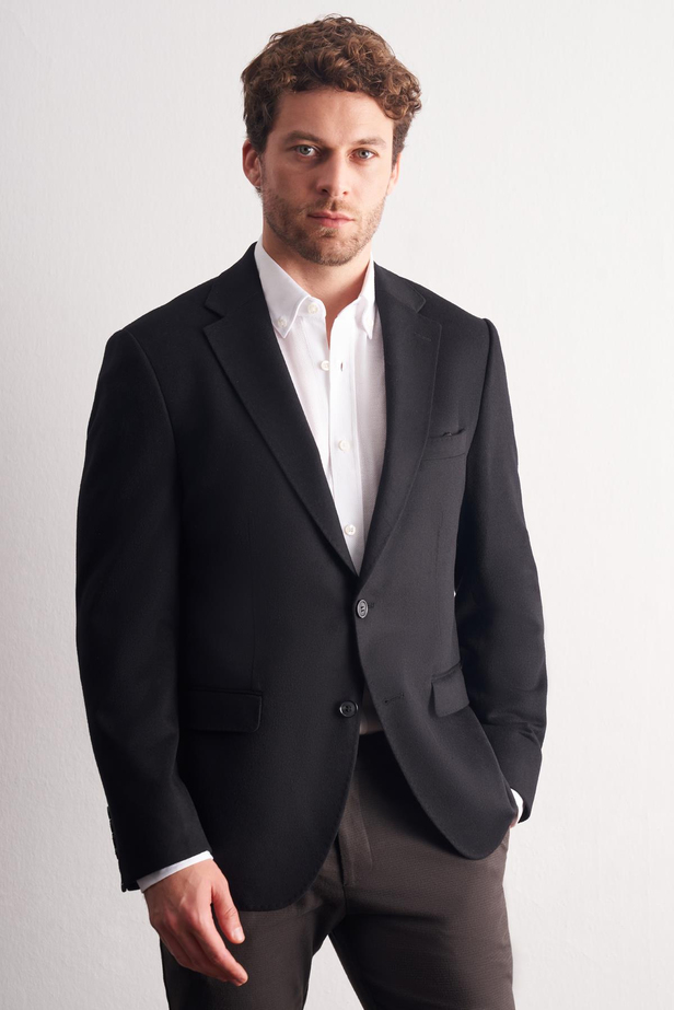 Siyah Mono Yaka Yünlü 6 Drop Comfort Fit Classic Ceket 1002255150