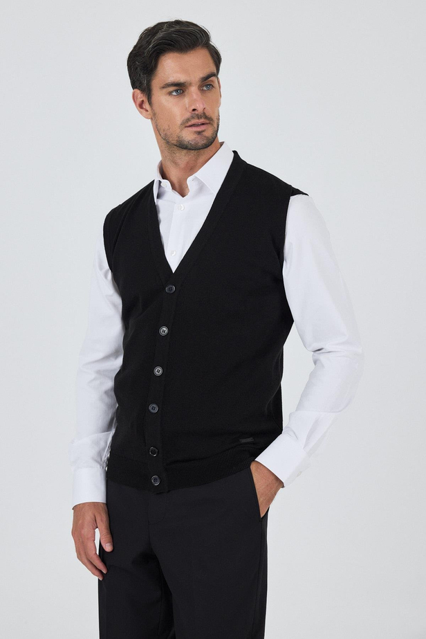 Siyah Örme Cepsiz V Yaka Yelek Triko 1012245164