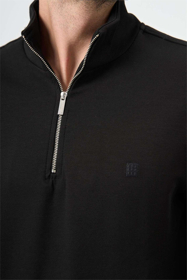Siyah Örme Hakim Yaka Pamuklu Casual Slim Fit Dar Kesim Sweatshirt 1013245151