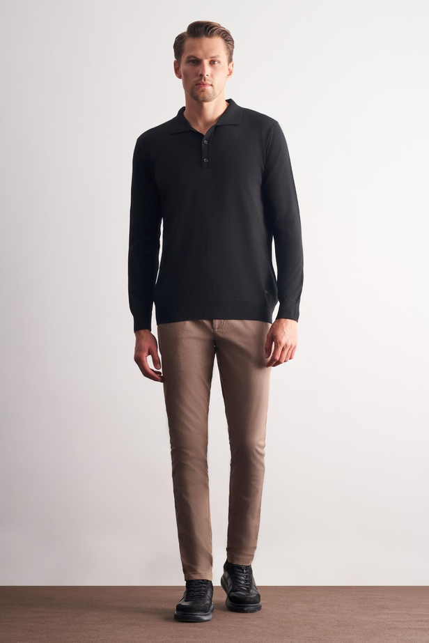 Siyah Polo Yaka Cepsiz Comfort Fit Classic Pamuklu Triko Kazak 1012255007