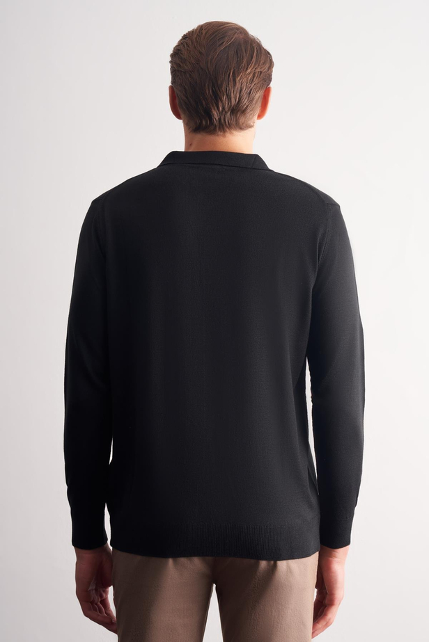 Siyah Polo Yaka Cepsiz Comfort Fit Classic Pamuklu Triko Kazak 1012255007