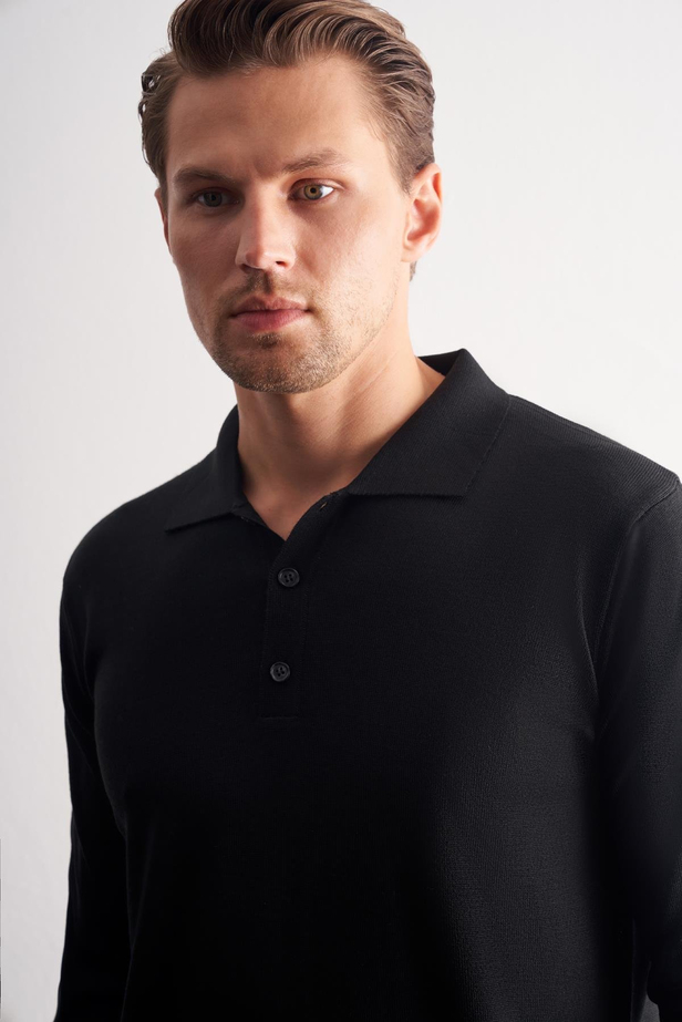 Siyah Polo Yaka Cepsiz Comfort Fit Classic Pamuklu Triko Kazak 1012255007