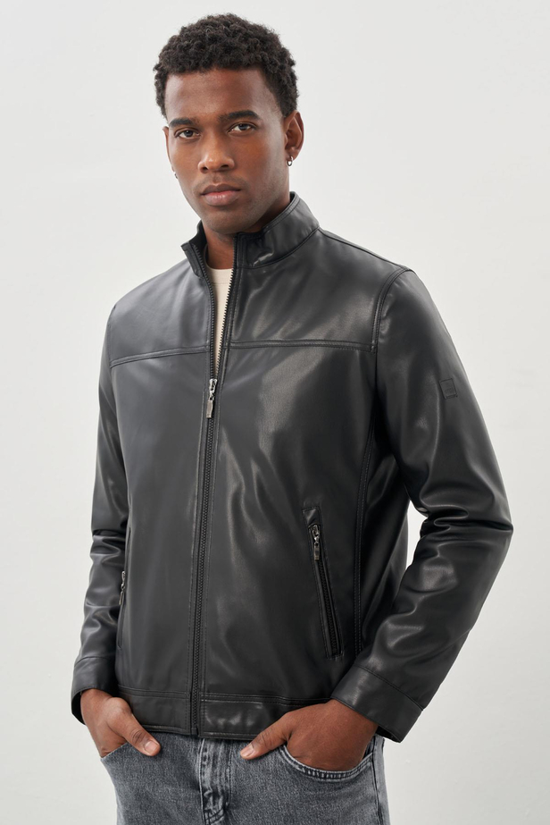 Siyah Suni Deri Hakim Yaka Düz Yırtmaçsız Tam Astar Slim Fit Casual Deri Mont 1038245151