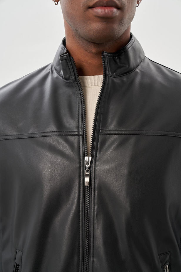 Siyah Suni Deri Hakim Yaka Düz Yırtmaçsız Tam Astar Slim Fit Casual Deri Mont 1038245151