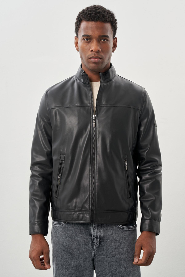 Siyah Suni Deri Hakim Yaka Düz Yırtmaçsız Tam Astar Slim Fit Casual Deri Mont 1038245151