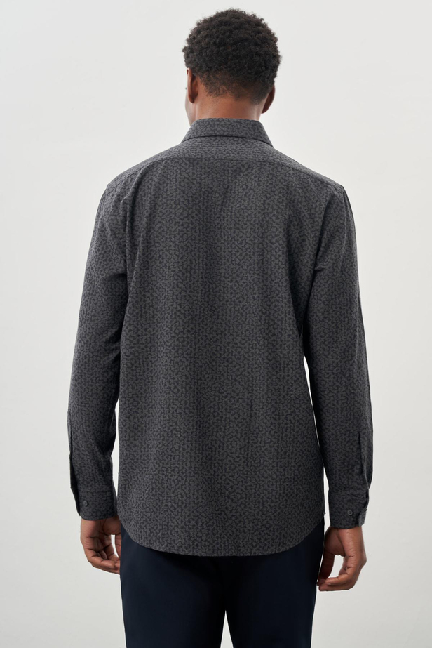 Siyah Uzun Kol Baskılı Bez Ayağı Sert Yaka Cepli Pamuklu Classic Comfort Fit Gömlek 1004245215